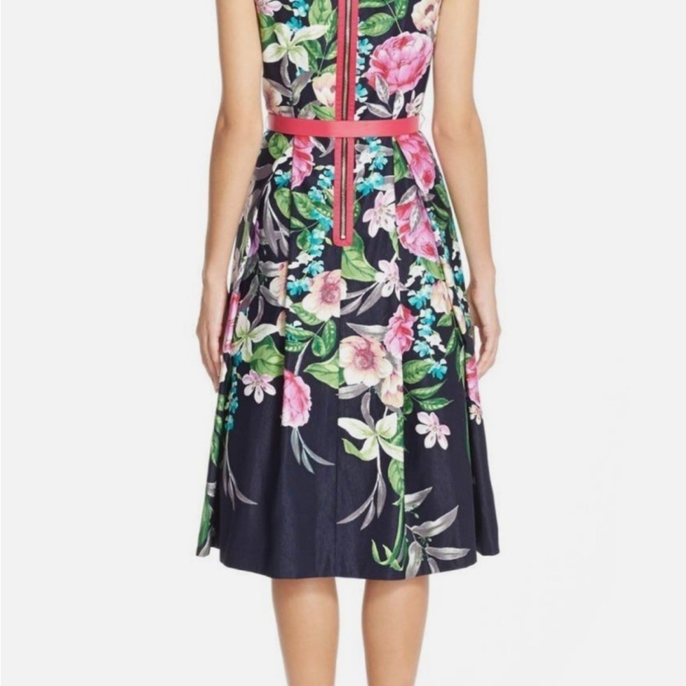 Eliza J Pink, navy green floral belted Midi Dress size 14 - Picture 2 of 6